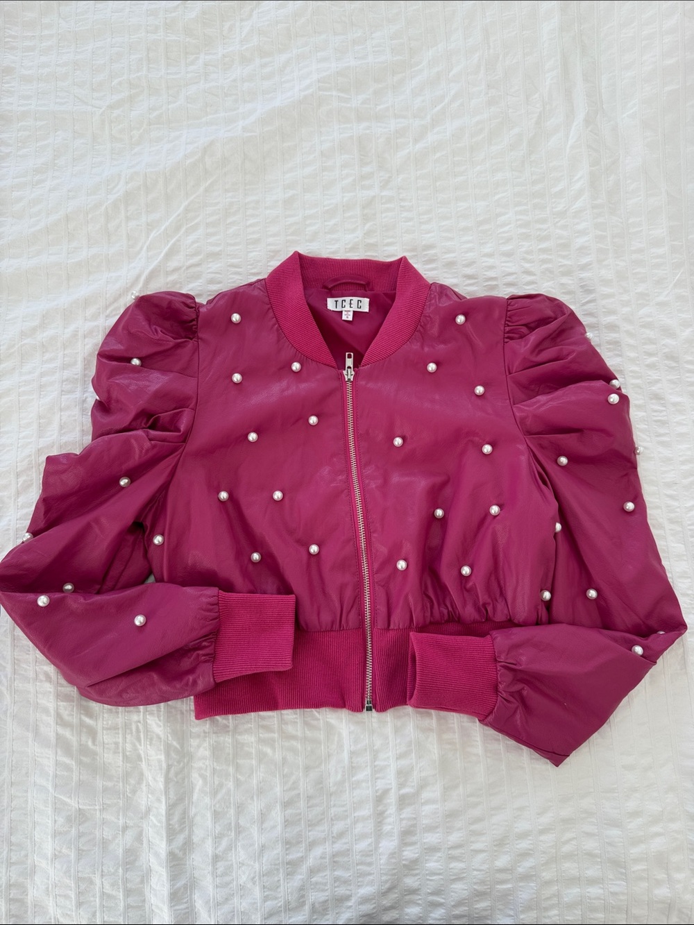 TCEC Pearl-Embellished Fuchsia Puff-Sleeve Bomber Jacket